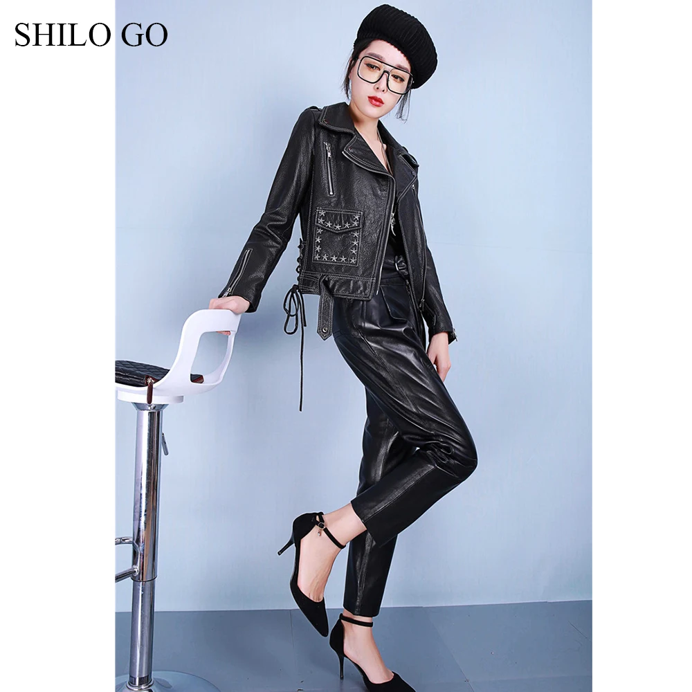 SHILO GO кожаные брюки женские весенние модные овчины Натуральная кожа брюки круглый металлический пояс повседневные выразительные шаровары