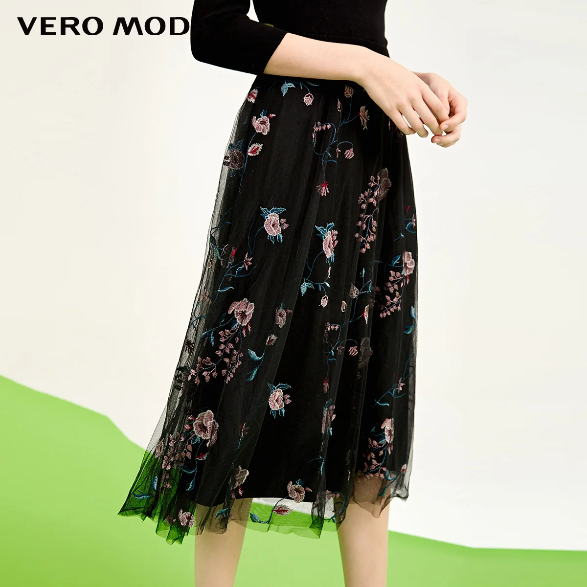 Vero Moda summer new style with mesh gauze embroidery A-line three-quarter sleeve round neck dress | 318146505