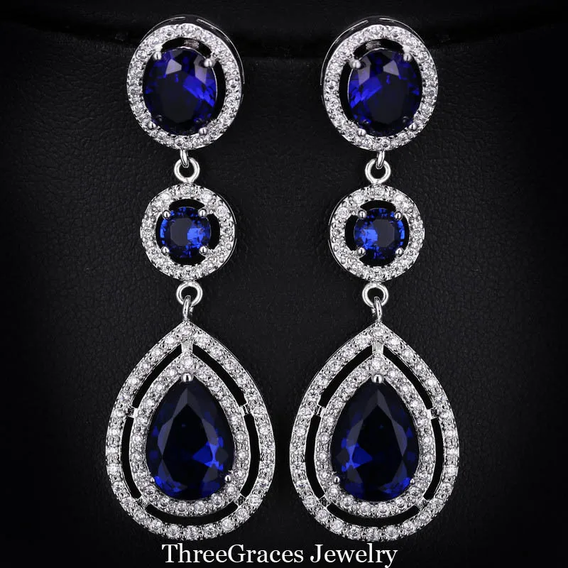 ThreeGraces элегантные Micro Pave AAA+ CZ камень Длинные Большой Королевский синий кристалл свадебные серьги, ювелирные изделия для невест E0113 - Окраска металла: Royal bule