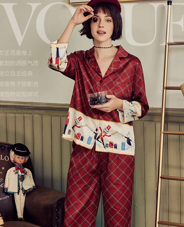 2019 New Spring and Autumn Women Lapel Long Sleeve Plaid Printed Pajamas Home Clothes Female Silk Satin Sleepwear Night Wear | Женская