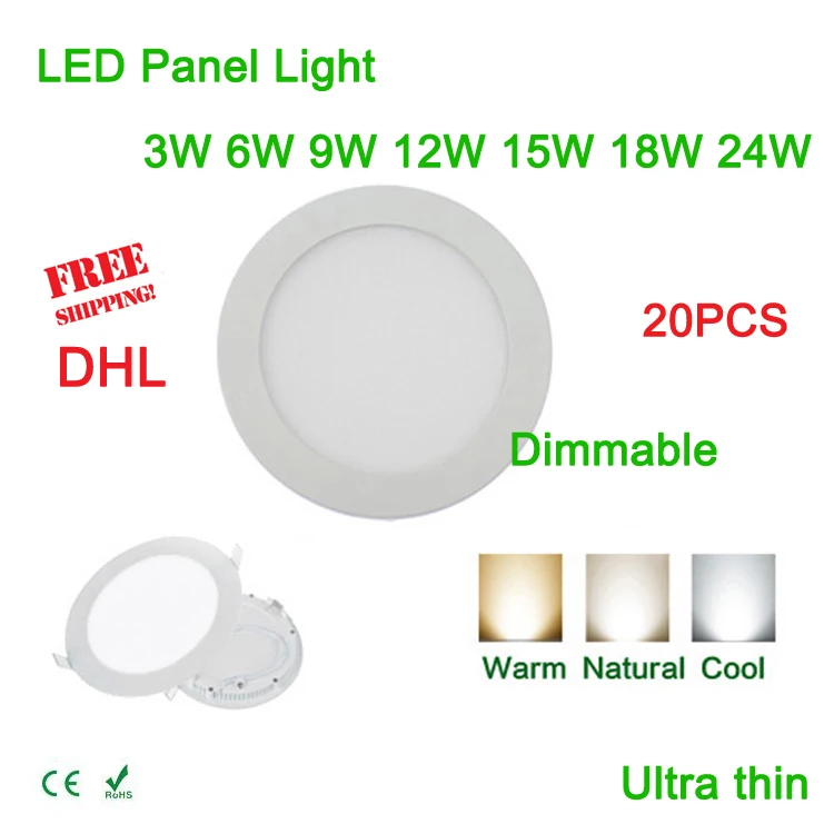 

20pcs dimmable 3w 6W 9W 12W 15W 18W 24W Round LED panel light 300*300mm recessed painel downlights lamp fit for balcony via DHL