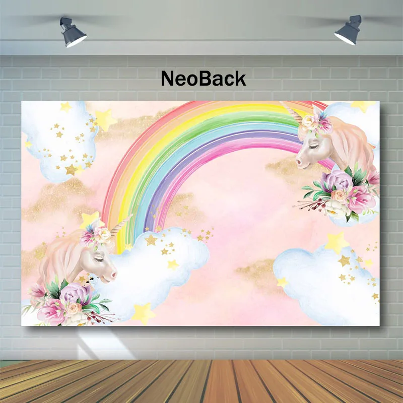 

Unicorn Happy Birthday Background For Photo Rainbow Gold Shinny Star Backdrop Pink Clouds Baby Shower Photo Background