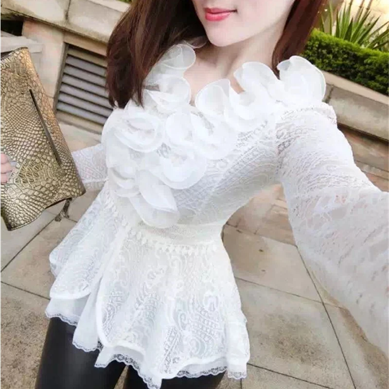 New Spring Autumn Women Fashion Blouse Sweet Floral Lace Shirt Long Sleeve Mesh Ruffles Blouses Sexy Lady Slim Short Blusas Tops