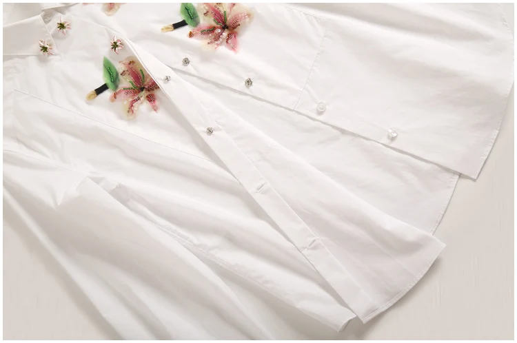 MoaaYina Высококачественная Модная хлопковая блузка летняя Женская Аппликация лилии бисером блесток белая элегантная хлопковая рубашка
