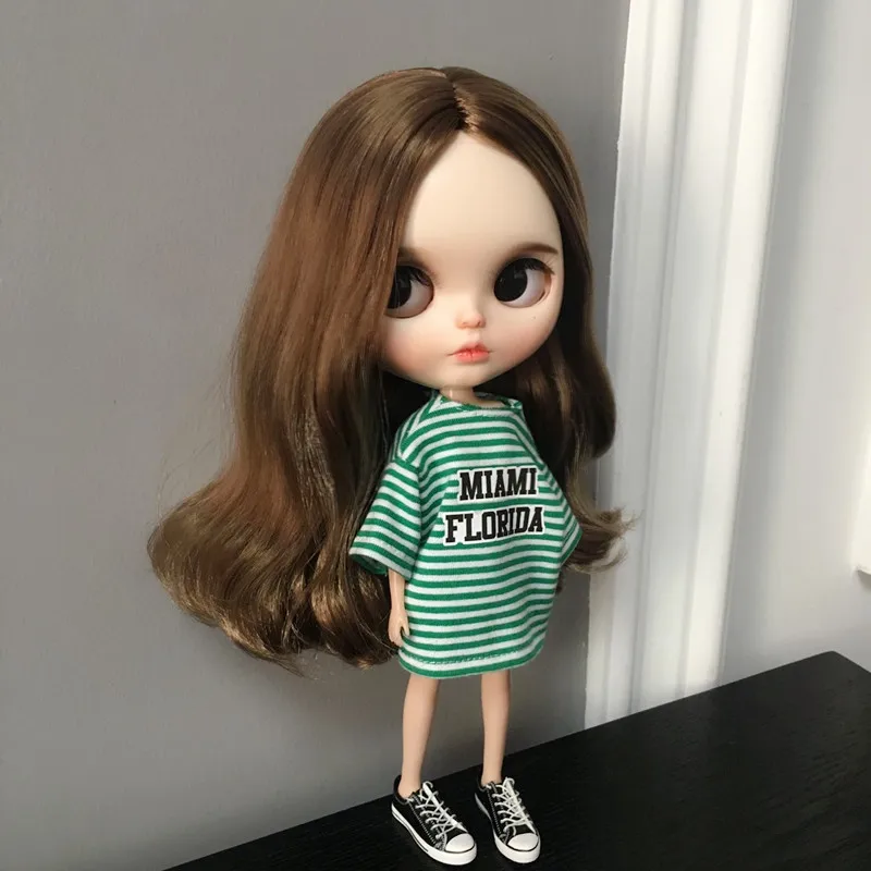 

T02-X612 Blyth Doll clothes 1/6 dolls OB24 azone Accessories handmade clothes oversize Green short sleeve striped t-shirt 1pcs