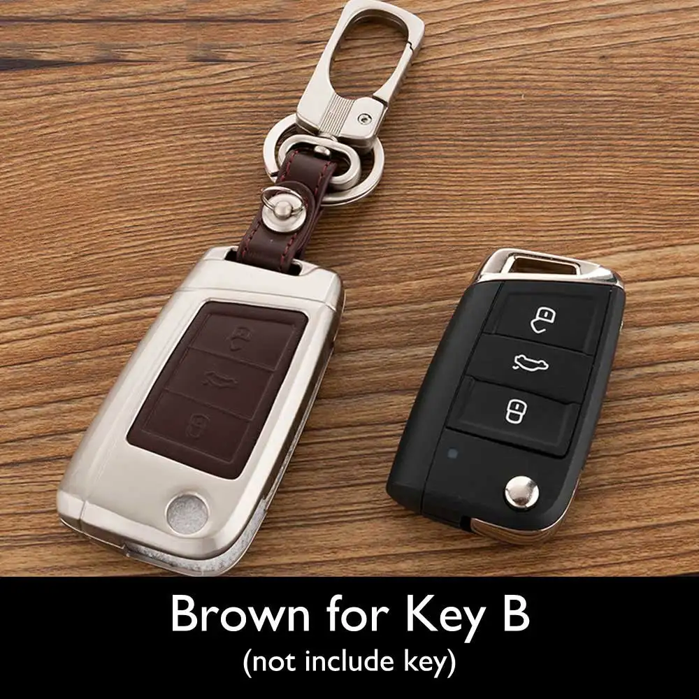 Brown for Key B Цинковый сплав+ кожаный чехол для ключей для автомобиля VW Skoda Octavia A5 A7 Rapid Fabia Superb Citigo Yeti для jetta, Passat SEAT дистанционный чехол-брелок - Название цвета: Brown for Key B