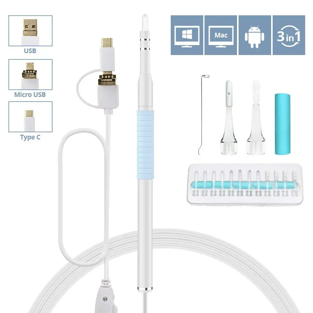 1.3MP 3 In 1 USB OTG Visual Ear Cleaning Endoscope Spoon Functional Diagnostic Tool Cleaner Android 720P Camera Pick | Электроника