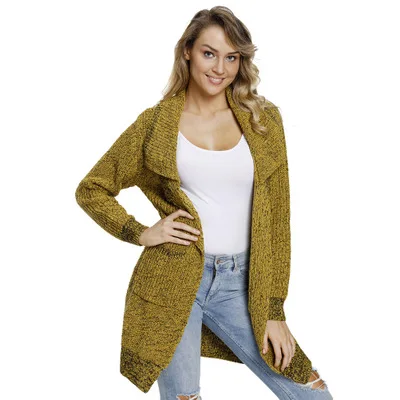 Новый однотонный кардиган с длинными рукавами и карманами Осень-зима 2019 вязаный