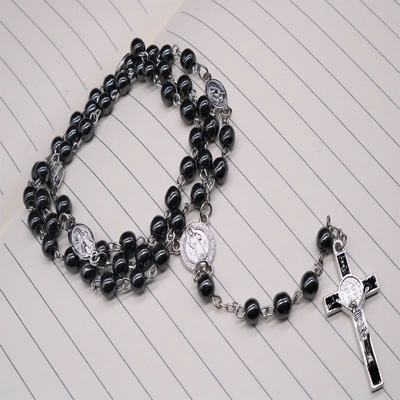 

6mm Hematite Beads Rosary Pendant Necklace Alloy Cross Virgin Mary Center Catholic Christian Religious Jewelry