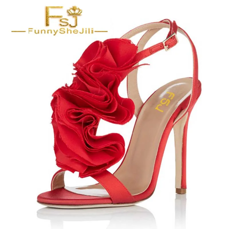 

Красные туфли для выпускного вечера, атласные вечерние сандалии на шпильке с цветами, летние несравнимые Элегантные благородные привлекат...