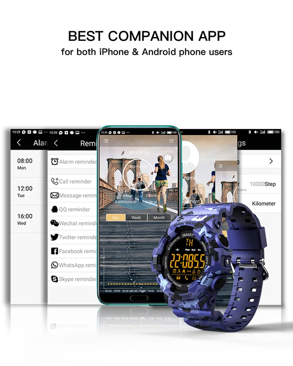 Спортивные часы с Bluetooth, секундомер, будильник, часы для мужчин и женщин, фитнес-трекер, 5 АТМ, водонепроницаемые, модные уличные камуфляжные Смарт-часы