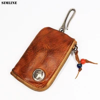 genuine leather key wallet for men short vintage handmade zipper car key holder coin purse card case bag organizer housekeeper