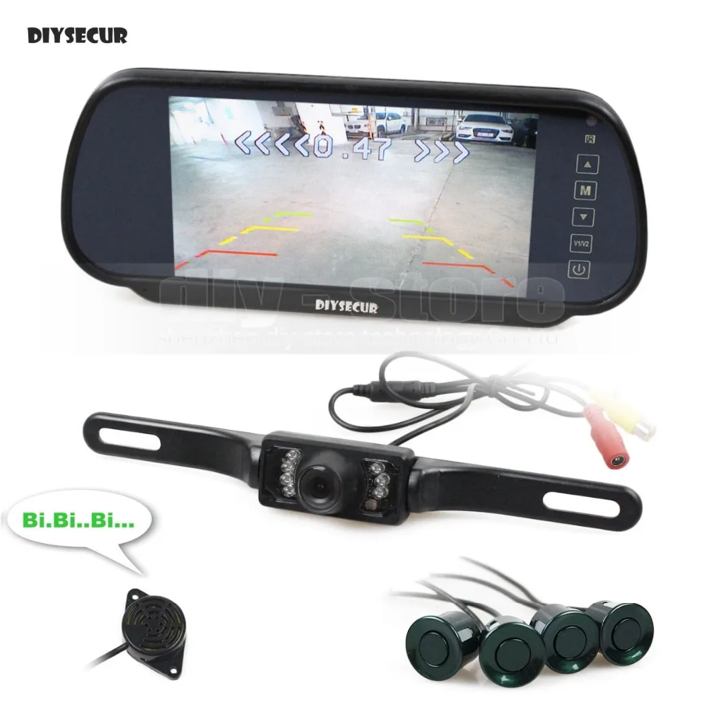 

DIYSECUR 7inch Rear View Car Mirror Monitor + 18 Colors Video Parking Radar + IR HD Car Camera Parking Assistance System