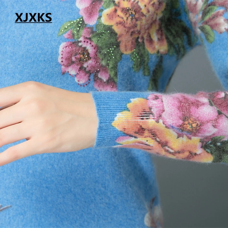 XJXKS Best Quality Cashmere Sweater Print Flower Women Pullover Sweaters Plus Size Winter Clothes Knitted Jumper | Женская одежда