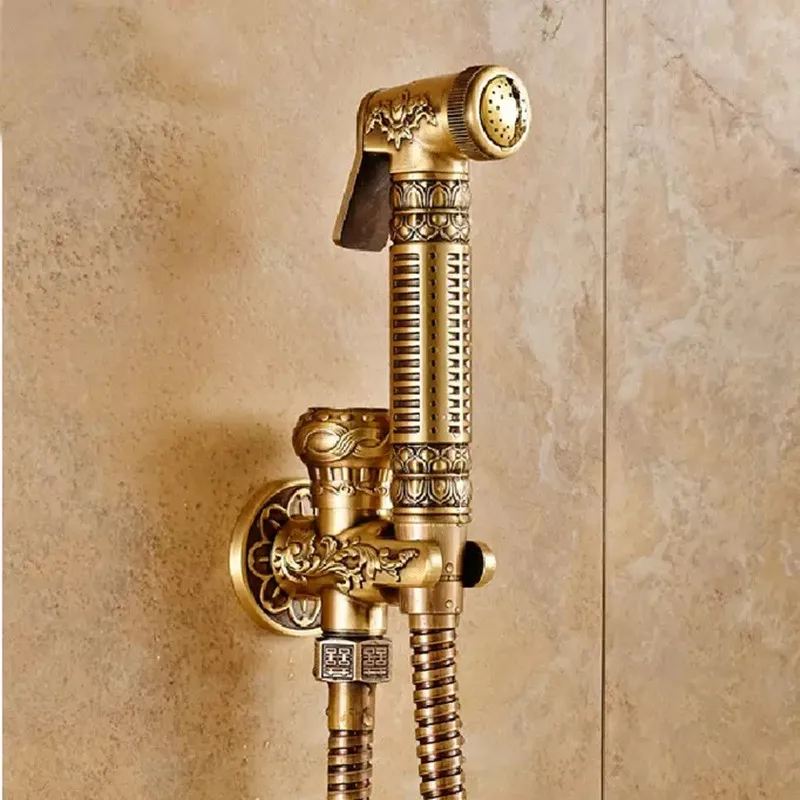 LIUYUE Bidets Faucets Antique Floral Pattern Brass Single Cold Wall Handheld Hygienic Shower Spray Wash Bathroom/Toilet Faucets