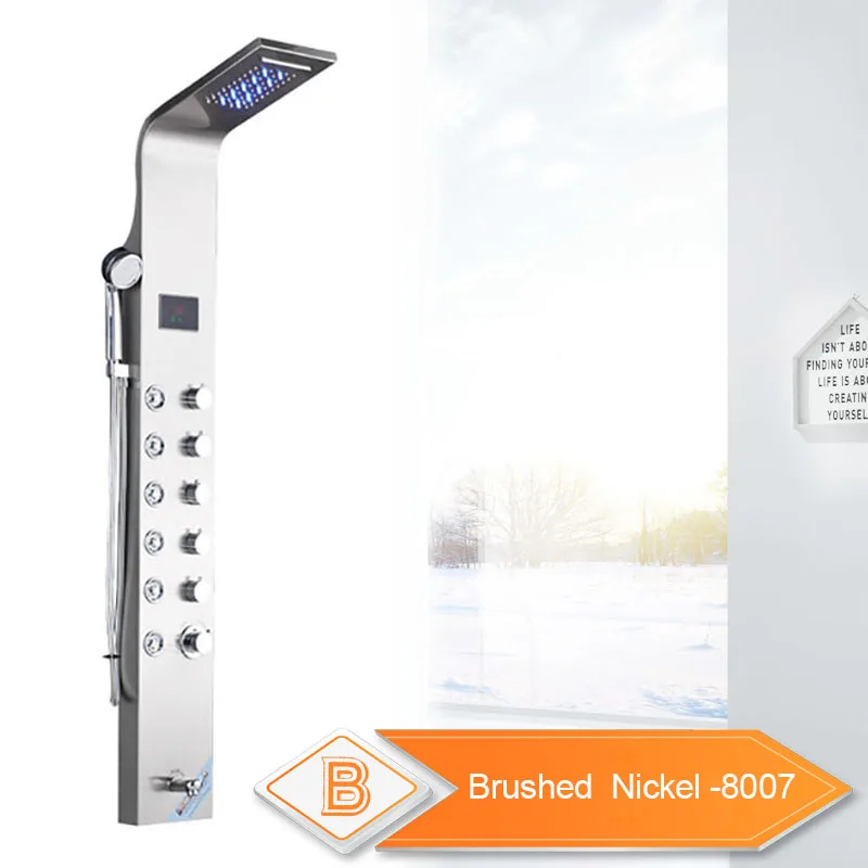 Brushed Nickel 8007 Светодиодный светильник, Душевая система для ванной, душевая колонка, розовая, золотая, дождевая, водопад, душевая панель, 3 ручки, с ручным душа, массажные струи, носик - Цвет: Brushed Nickel 8007