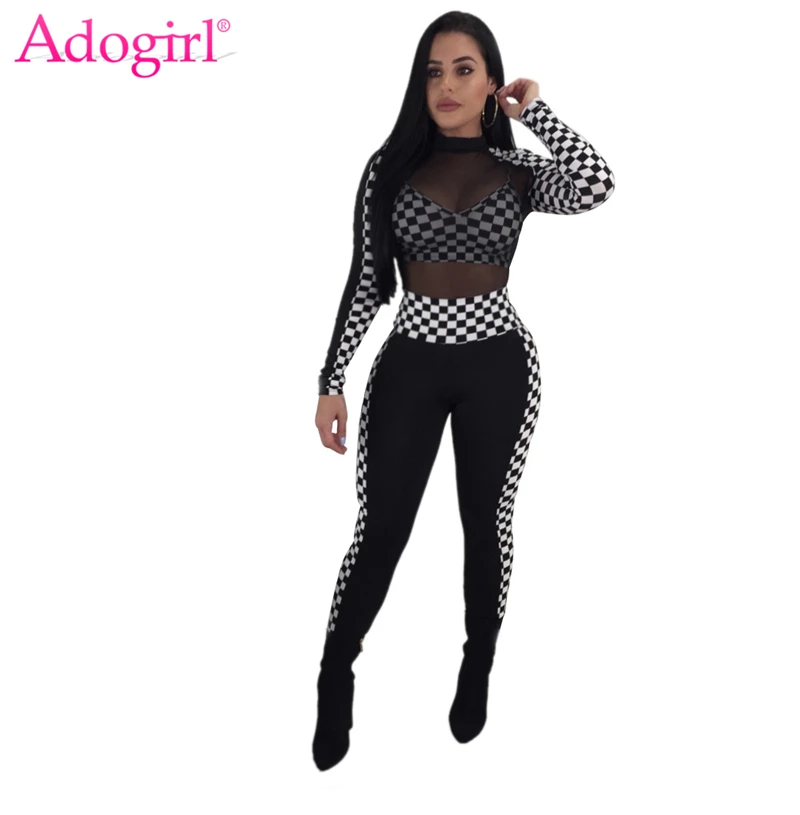 Adogirl Sheer Mesh Patchwork размер клетчатый женский сексуальный комбинезон с высоким воротом с длинным рукавом обтягивающий комбинезон женский гоночный костюм клубный комбинезон