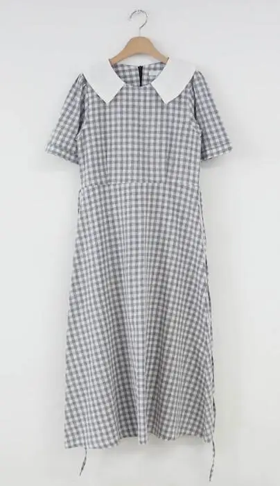 blue gray Винтажные платья для женщин корейский стиль одежда дизайн для девушек в стиле преппи Питер Пэн воротник милый сладкий хаки плед рубашка платье Япония милый - Цвет: blue gray
