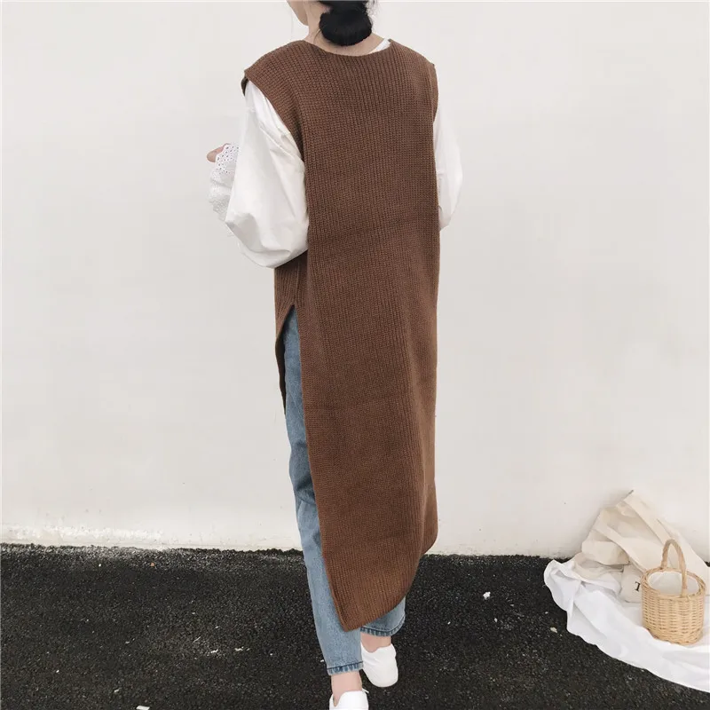 RUGOD 2017 New Winter Sweater Women Sleeveless Knitted Vest Solid Casual V-neck Long Length Slit On The One Side | Красота и здоровье