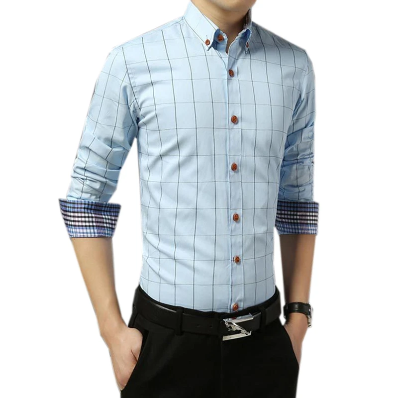 Модная брендовая мужская одежда Slim Fit для мужчин рубашка с длинными рукавами