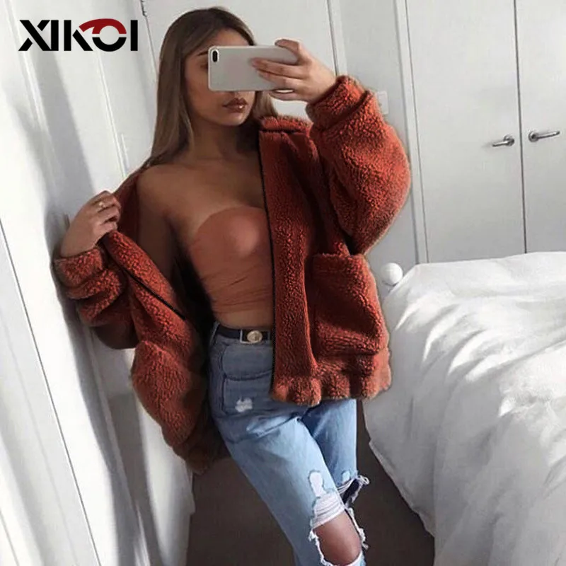 XIKOI/зимнее теплое пальто с мехом, женское мягкое пальто на молнии из плотного плюша, женская верхняя одежда, толстовка с отворотом, флисовая куртка из искусственного меха