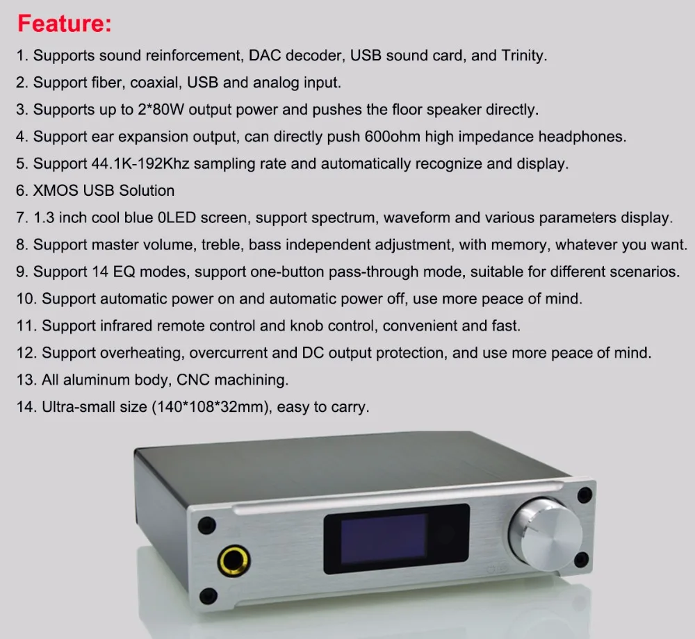 ALIENTEK D8 цифровой усилитель 2,1 Аудио usb/коаксиальный/оптический/aux вход xmos 24 бит/192 кГц DC28V 80 Вт стерео усилитель