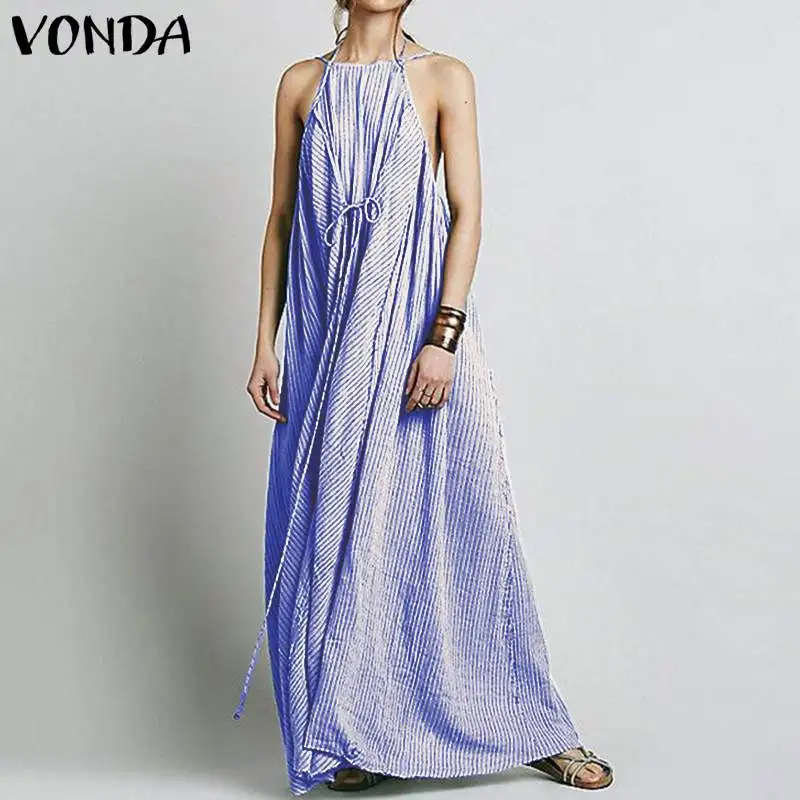 VONDA, 5 цветов, богемное длинное платье макси, винтажное сексуальное летнее платье без рукавов, праздничное платье, сарафан, повседневное пляжное платье, большие размеры