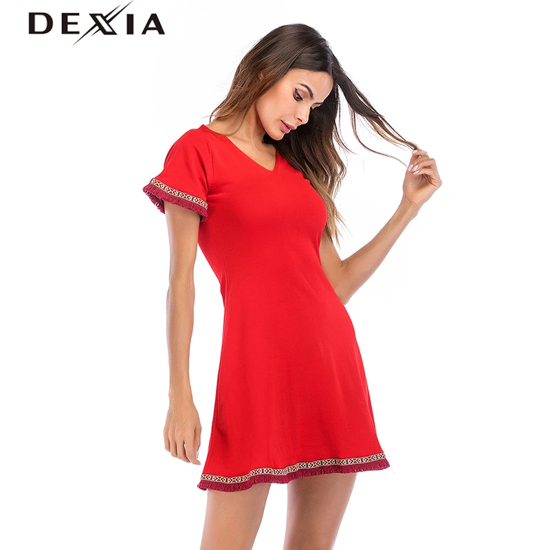 DEXIA летнее Красное Платье Vestidos De Fiesta 2018 Sukienka одежда с v образным вырезом