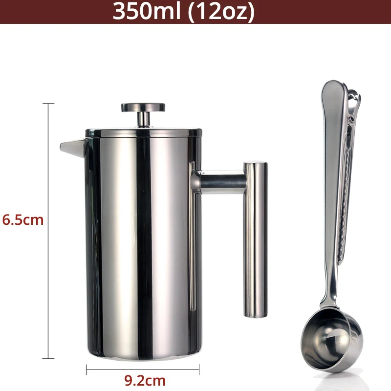350ml with Spoon Френч-пресс для приготовления кофе+ кофейная ложка, двухстенный кофейник из нержавеющей стали 304 с фильтром, 2 шт. в одном наборе - Цвет: 350ml with Spoon