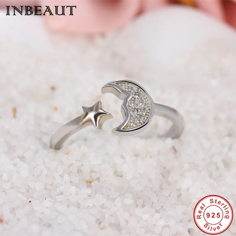 100% 925 Sterling Silver Lucky Star Power Ring Women S925 Elegant Tale Moon&ampStar Vintage Open Rings Designs Antique Jewelry | Украшения