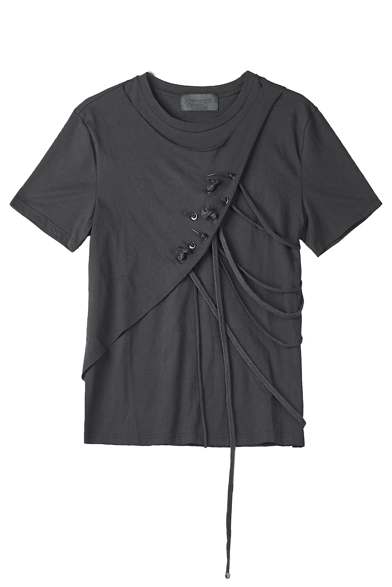 Dark Black Gothic Tassel T-shirt Punk Alternative Personality Asymmetric Short Sleeve T Slim