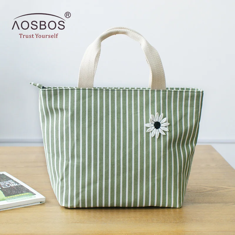 Green Aosbos в полоску, портативные Термосумки для обеда для женщин, детей, мужчин, модная сумка-холодильник для пикника, сумка для обеда, изолированная сумка для путешествий, сумки для еды - Color: Green