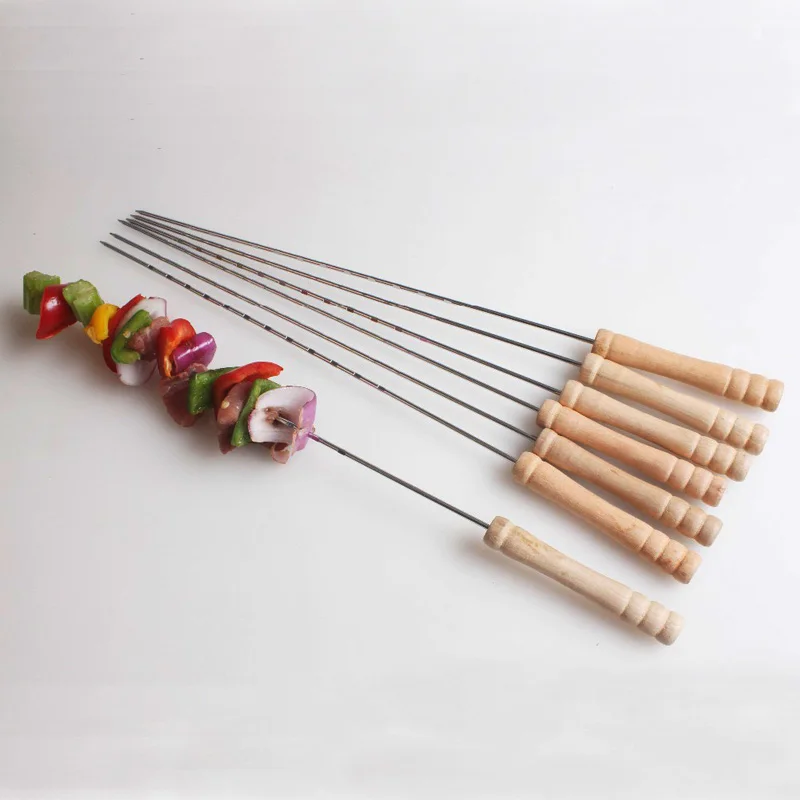12pcs/lot 38cm/15''Wood BBQ Kebab Stick Metal bbq Skewers Wooden Barbecue Roasting Needle Grilling Kebob Skewer set | Дом и сад