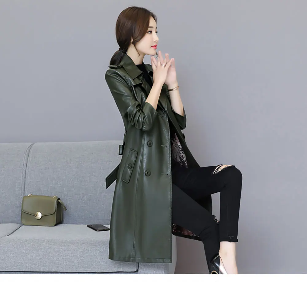PinkyIsblack новая весенняя Женская Длинная кожаная куртка облегающего размера плюс с поясом мотоциклетная длинная куртка из искусственной кожи пальто кожаный Тренч