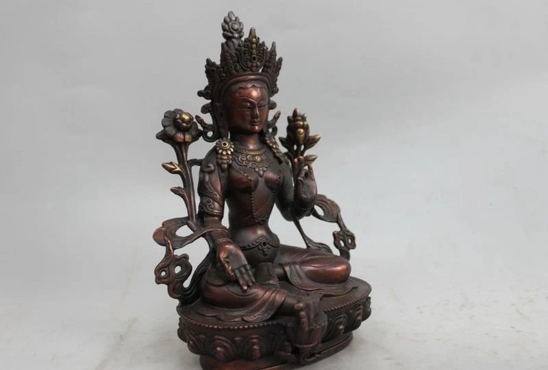 9&quot Tibetan Buddhism red Bronze Copper Bodhisattva Tara (Green) Kwan-yin Statue a 0518 | Дом и сад