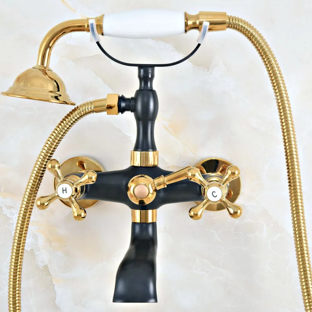 

Черный, золотой цвет, латунь, настенное крепление, кран для ванной комнаты, двойная поперечная ручка, телефонный стиль, ручная Лейка для душа...
