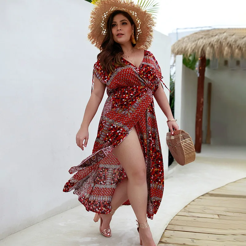 Женское летнее длинное платье макси с разрезом и принтом в стиле бохо|Женские