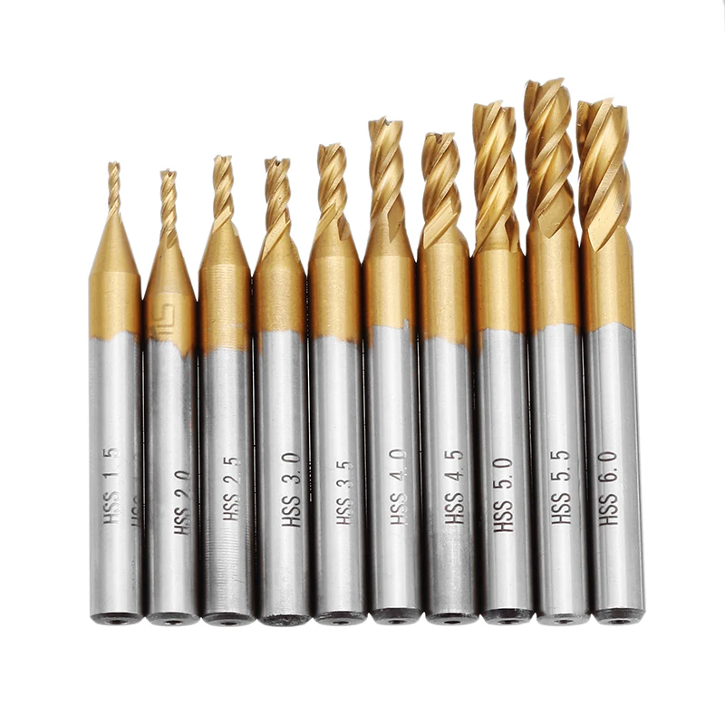 

10pcs Titanium Coating 1.5-6.0mm HSS 4 Flute End Mill Cutter 6mm Straight Shank CNC Drill Bits for Wood Plastic Aluminum Plate