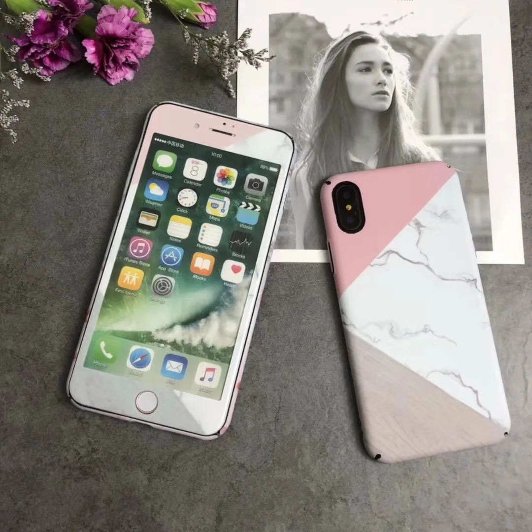 For iPhone X Marble Case + Tempered Glass matte hard PC back Cover for 7/ 7plus / 8/ 6s plus Screen color film fundas |