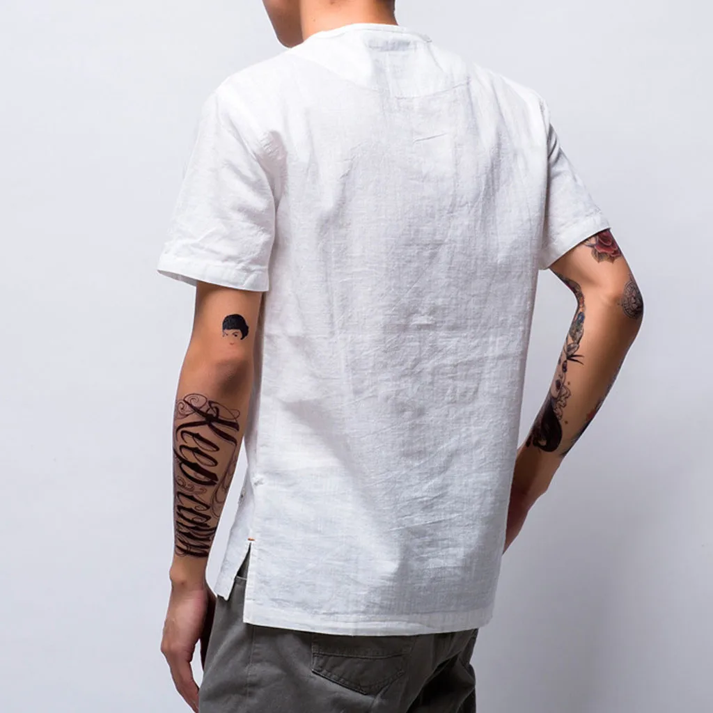 Модные мужские футболки топы из хлопка и льна повседневные однотонные с коротким