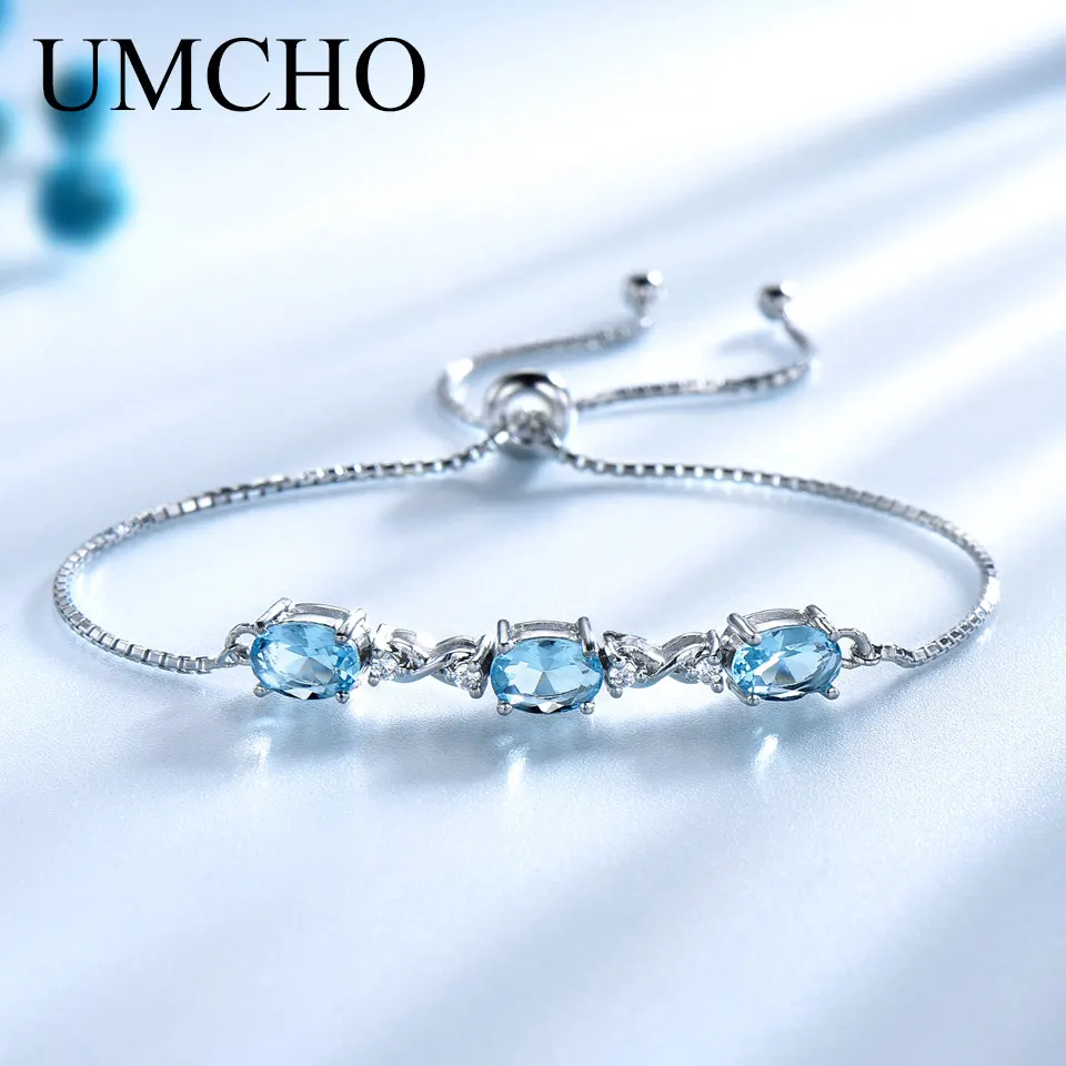UMCHO Famous Brand Real 925 Silver Bracelet Oval Natural Sky Blue Topaz Bracelets Free expansion Romantic Jewelry For Women Gift | Украшения