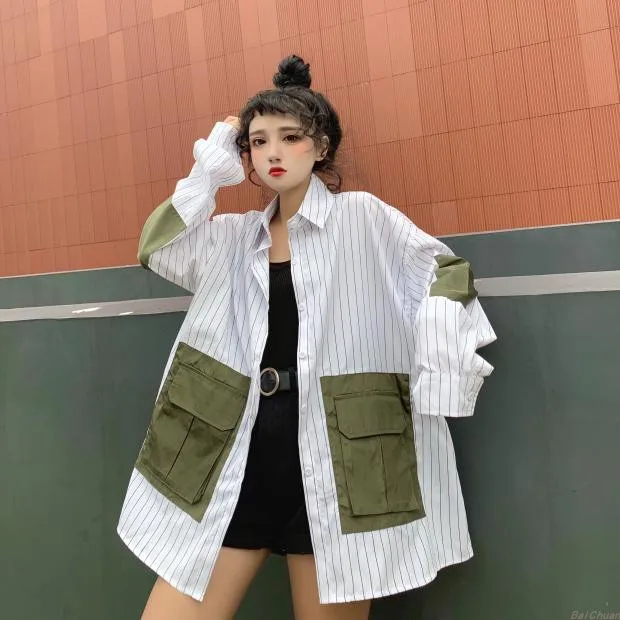 Harajuku BF стиль для женщин негабаритных в Вертикальную Полоску рубашка большой