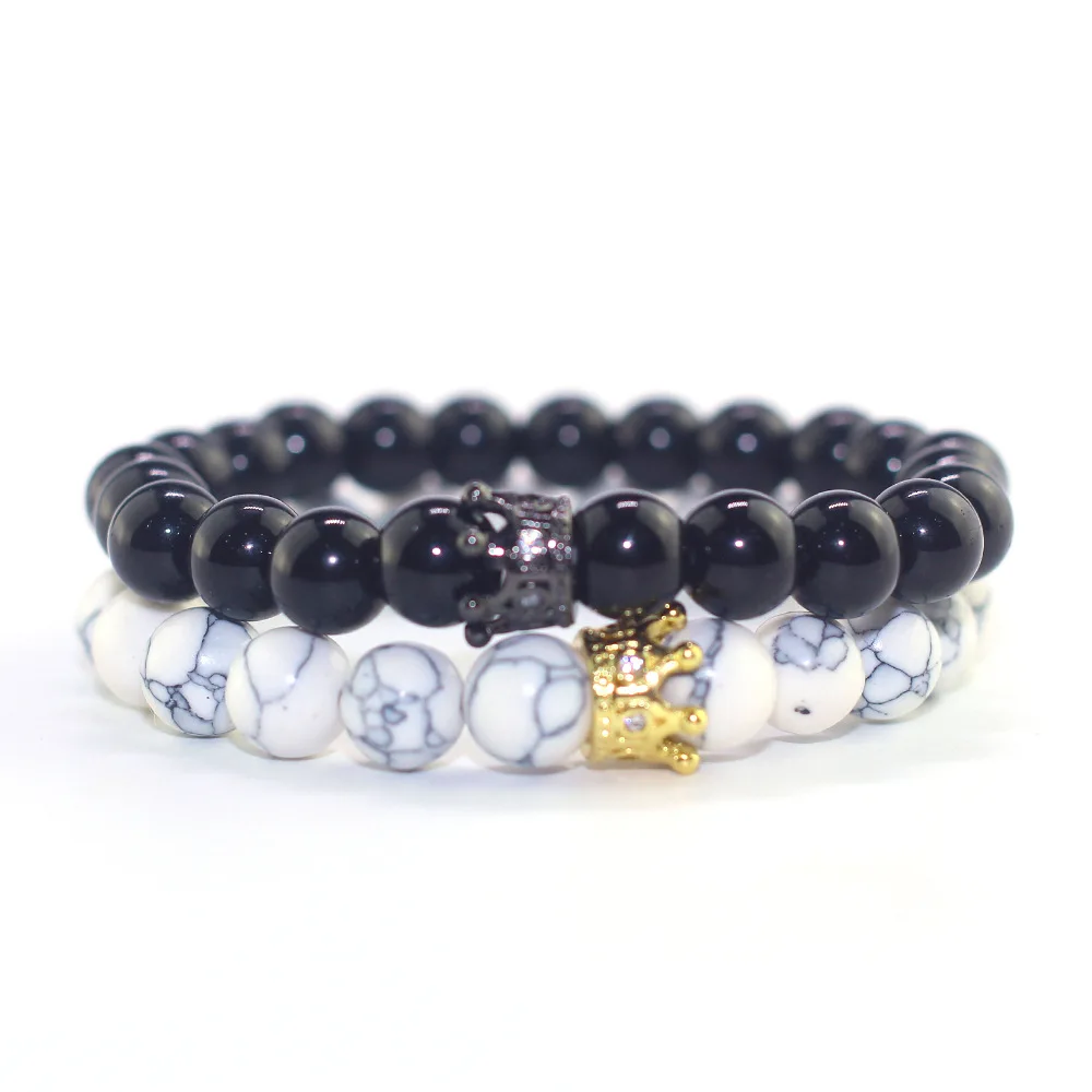 Акция Модный черный белый камень Бусины Золотая Серебряная корона женский