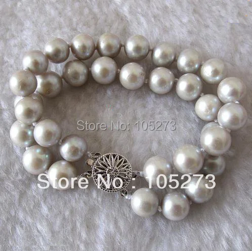 

Идеальные украшения для рождественских подарков! Браслет из натурального пресноводного жемчуга, 8 дюймов, серебро AA9-10MM пробы, серый, 2 ряда