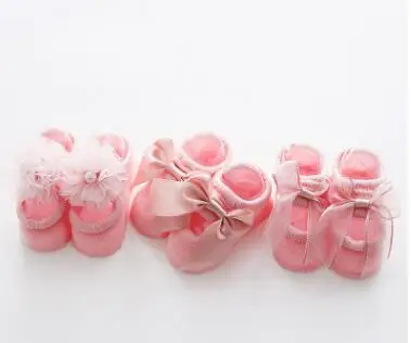 pink Детские носки-тапочки принтом; кружевная одежда для маленьких детей с цветочным принтом; носки Новорожденные Девочки Малыши Шнуровка с бантиком, носки, детские носки 3 штyки пара/лот - Цвет: pink