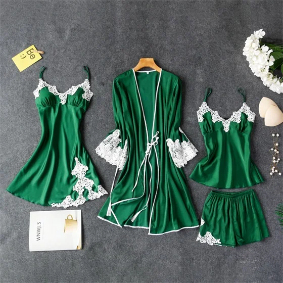 green A Женский сексуальный Шелковый Атласный халат, пижамный комплект, кружевной Халат+ топ+ шорты, комплект из 3 предметов, летняя весенняя одежда для сна, комплект ночного белья для женщин - Цвет: green A