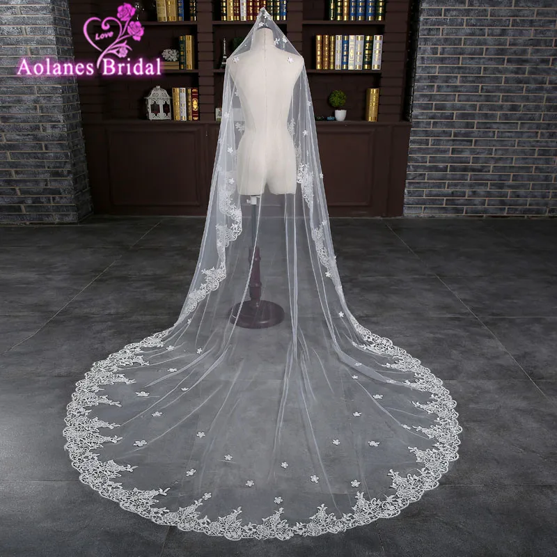 Свадебная фата 2 5 метра с натуральным белым собором длинная Кружевная аппликация