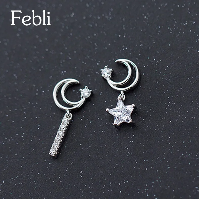 Febli S925 серебро асимметрия Moon звезды серьги фианит розовое золото цвет
