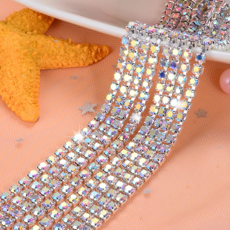 

Кристаллы АВ, стеклянные стразы для шитья, 5 ярдов/шт., цепочка с серебристым низом, аксессуары для одежды Diy, SIJISHUIZUAN