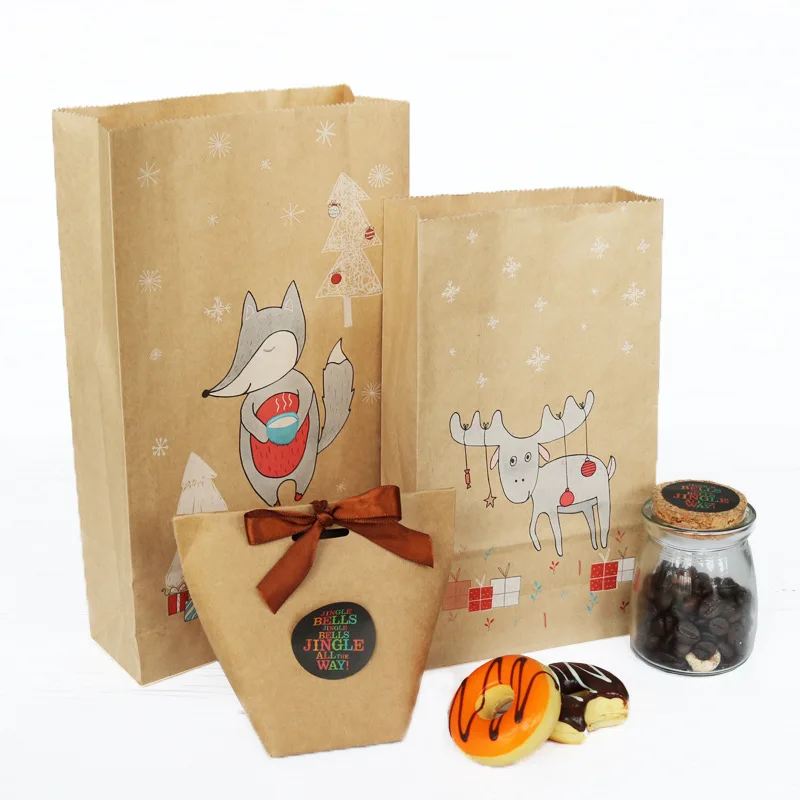 New 12pcs Kraft Paper Fox Moose Snowflake Candy Cookie Gift Bags with Stickers Christmas Party Favors Packaging | Дом и сад